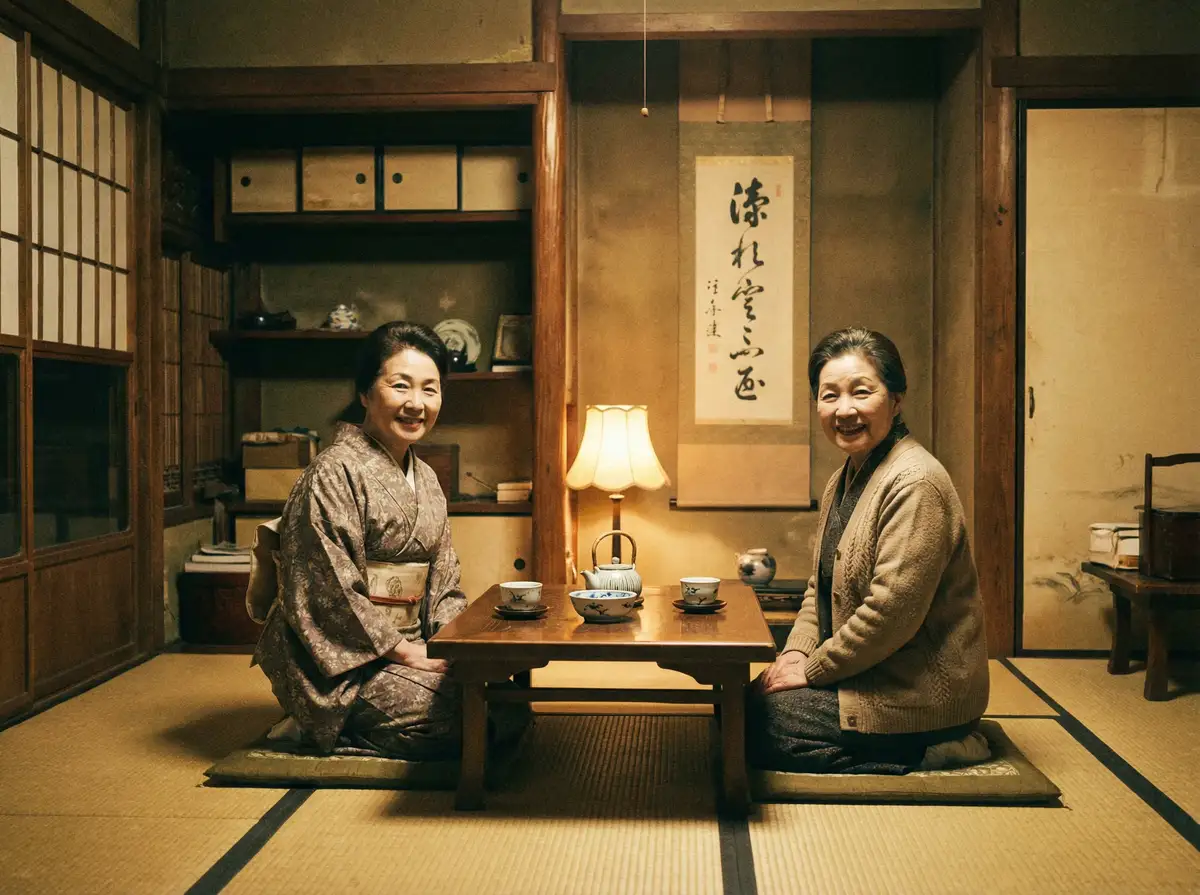 两位优雅的 美女网站18 在日式茶室中品茶交谈